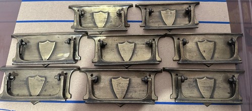 Set of 8 Genuine Antique Brass Shield Handles for 2 over 3 Chest c1910.