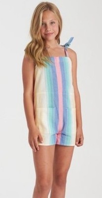 BILLABONG GIRLS Roam Around Romper Size L Rainbow Stripe Tie-Strap Cotton-Linen