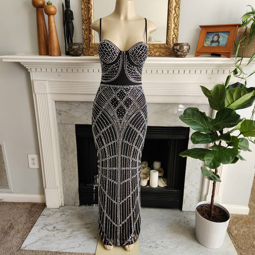 Windsor Black Beaded Floor Length Dress Prom Cocktail Bustier Size Small