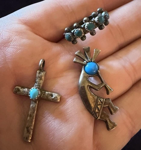 Vintage Sterling Silver Turquoise Jewelry Lot Kokopelli Pendant Ring Cross 7.33g