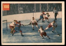 1954-55 Parkhurst EX Sawchuk Stops Boom Boom #100