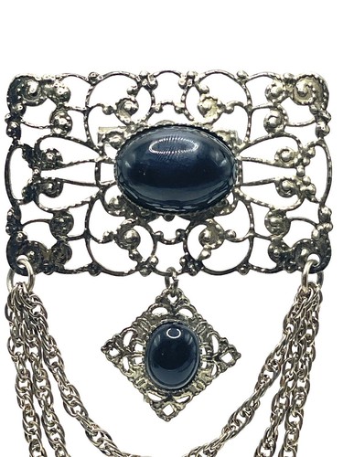 Vintage Art Deco filigran kompliziertes Messing schwarz perlenhängend Chatelaine Brosche - Bild 2 von 6