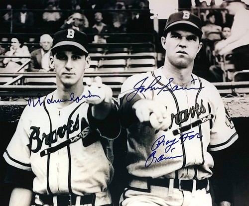 WARREN SPAHN JOHNNY SAIN 2X AUTOGRAPHED 16X20 PHOTO PRAY RAIN INSCRIP FRAMED - Picture 2 of 4