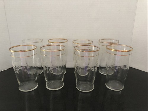 "Lote 8 vasos de colección Bartlett Collins grabados hoja de uva vid borde dorado 5""" - Imagen 1 de 10