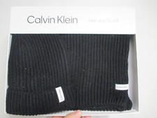 CALVIN KLEIN MENS "CUFFED" WINTER BEANIE HAT  SCARF SET O/S NWT BLACK RIBBED