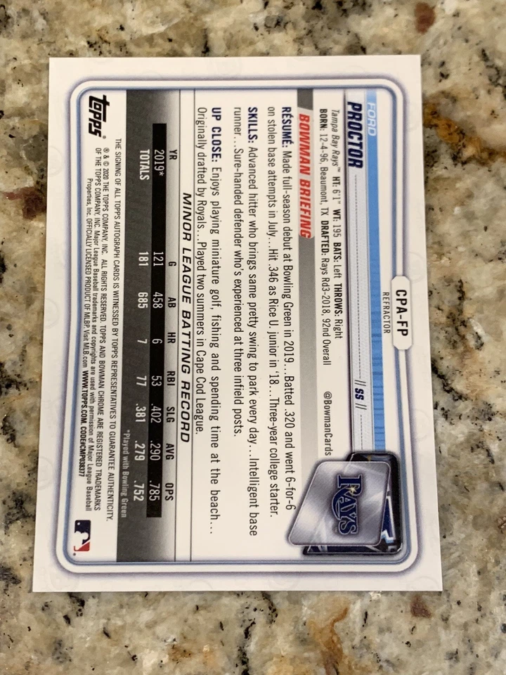 Ford Proctor 2020 BOWMAN CHROME REFRACTOR PROSPECT AUTO #CPA-FP #/499 - Image 2 of 2