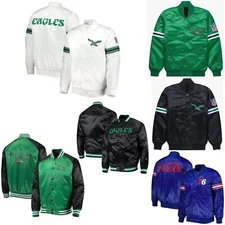 Mens Philadelphia Eagles Satin Bomber Style Full Snap Varsity Jackets