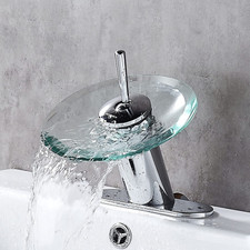 Grifo de lavabo de ba o con ca da de agua, brass s lido, vidrio, azul cromo