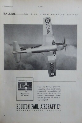 12/1951 PUB BOULTON PAUL FLUGZEUG BALLIOL RAF BASIC TRAINER ORIGINAL ANZEIGE