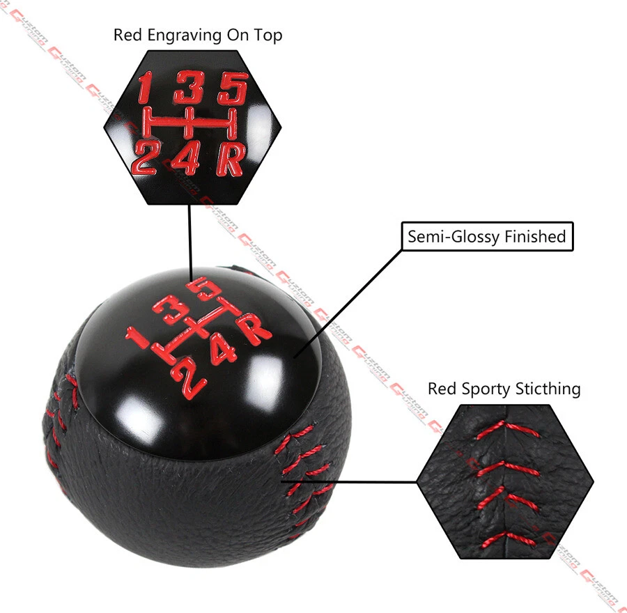 Botão de câmbio redondo 5 velocidades couro preto costura vermelho para Toyota Subaru - Imagem 4 de 4