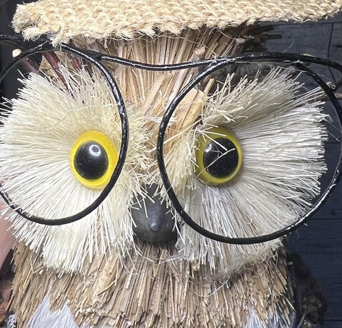 Vintage Weise Eule Brille Hut Stroh Zweige Tannenzapfen Volkskunst 7,5 Zoll
