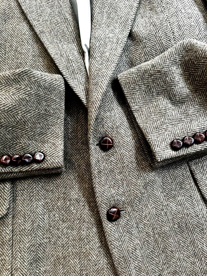 复古粗花呢人字形运动外套 44L 长羊羔毛混纺皮革纽扣 80 年代 — 第 3/4 张图片