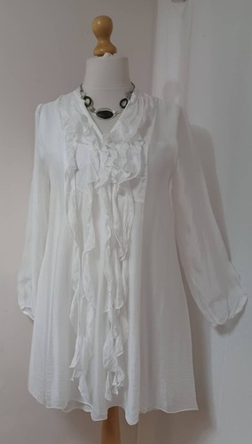 NEU MIT ETIKETT, AUSGEFALLEN, LAGENLOOK, OFF-WHITE, SEIDE, RÜSCHEN/RÜSCHEN, TUNIKA BLUSE, EINHEITSGRÖSSE - Bild 3 von 15