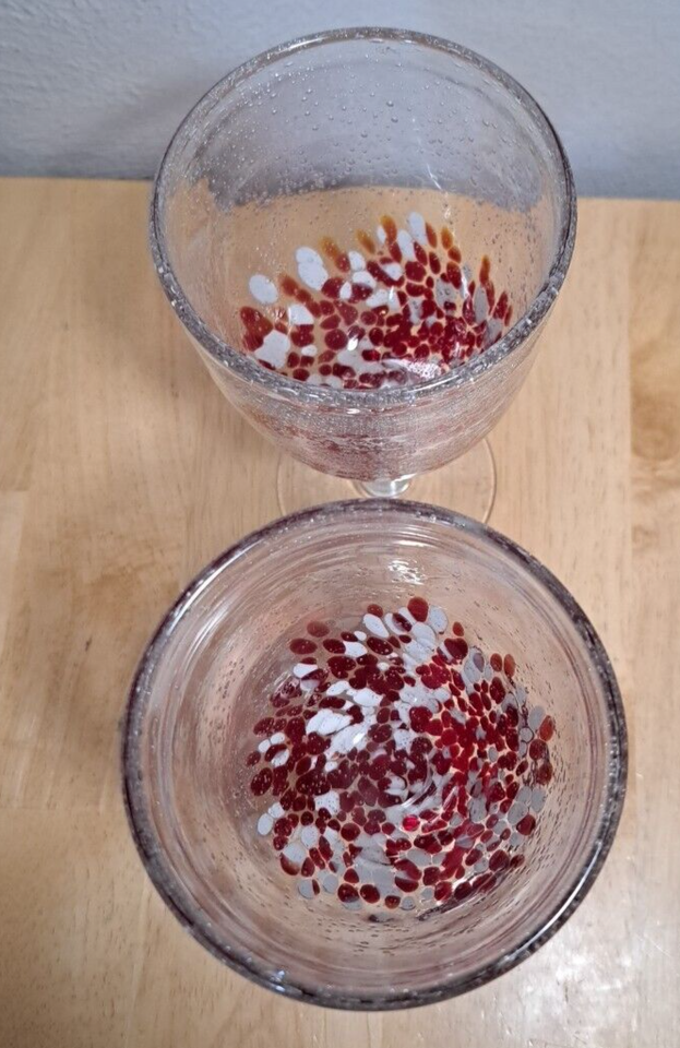 2 Red and White Confetti Hand Blown Drinking Glasses Bubble Goblets eBay
