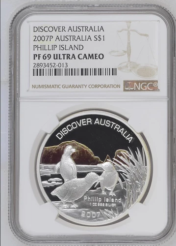 1 DOLLAR 2007 AUSTRALIA DISCOVER AUSTRALIA PHILLIP ISLAND SILVER PROOF NGC PF69