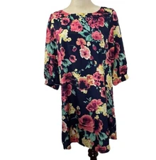 Everly Womens Shift Dress Navy Floral Lined 3/4 Sleeve Linen Blend Dress Medium