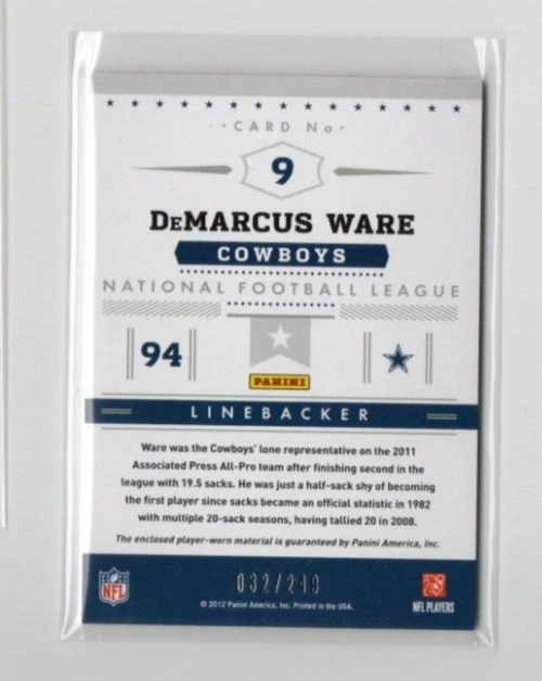 /249 2012 Playoff Prestige - Stars of the NFL DeMarcus Ware #9 Materials (MEM) - Image 2 of 2