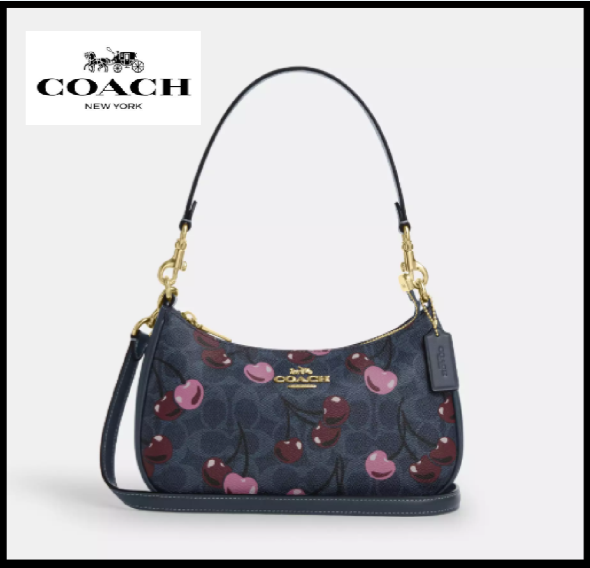 COACH CY694 Teri Shoulder Bag Signature Canvas Cherry Print Denim
