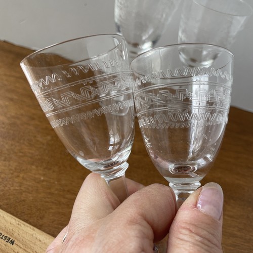 Edwardian Sherry/Port Clear Glasses 4 1/2” Etched with Greek Key Design Set of 4 - Picture 14 of 15