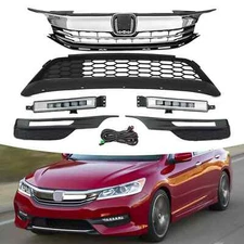 Front Upper/Lower Grille W/Foglights Combo Set For Honda Accord Sedan 2016-2017