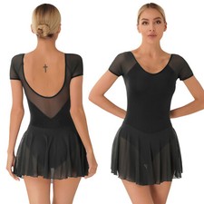 Women Short Sleeve Backless Skirted Leotard Dress for Dance Training Gymnastics