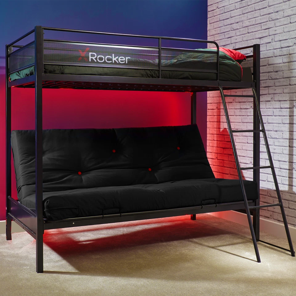X ROCKER Stronghold Triple Sleeper Bunk Bed, Single High Sleeper & Double Futon