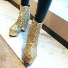 Womens Ankle Boots Leather Sequins Block Heels Platform Zip Party Shoes Plus Sz