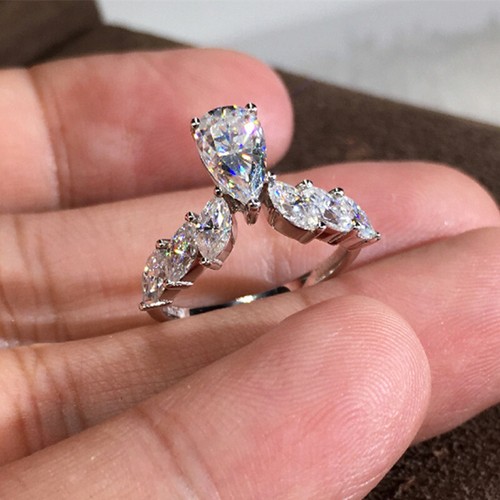 925 Silver Plated Ring Pear Cut Cubic Zircon Charm Women Wedding Ring Sz 6-10 - Bild 19 von 35