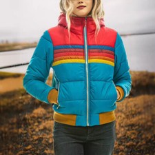 New Women's Casual Hooded Long Sleeve Cotton Jacket Rainbow Zipper Warm Coat