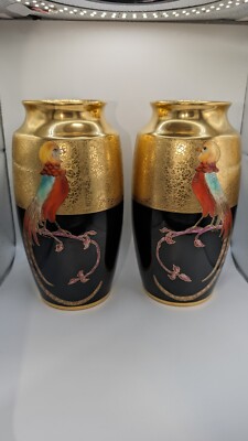 Exquisite Pair Bavaria Golden Pheasant Bird Matching Vases Pickard By Merklin(2)