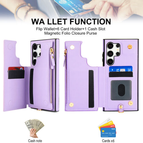 Leather Card Wallet Flip Case For Samsung S24 Ultra S23 S22 S21 Crossbody Strap - Picture 38 of 66