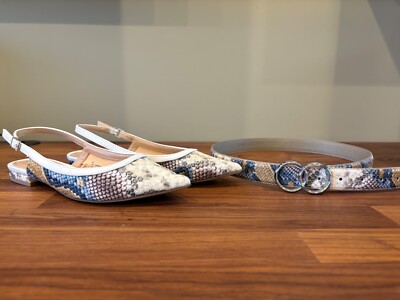 EXPRESS Faux Snake Skin Blue Cream White Pointed Toe Flats and Matching Belt Set