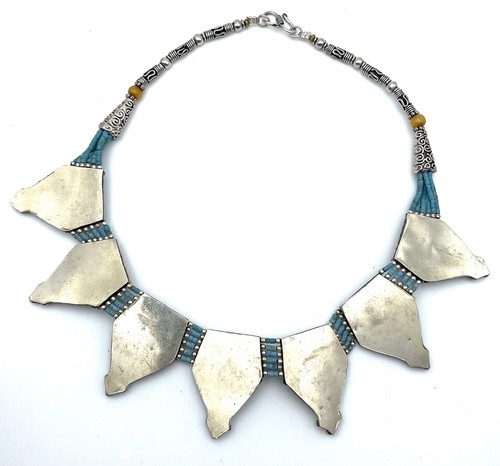 VTG Handmade Tibetan Inlay Turquoise Silver plate Red Coral Bib Collar Necklace - Picture 5 of 7