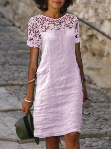 Womens Lace Linen Cotton%Casual Holiday Midi Short Sleeve Kaftan Dress PLUS SIZE - Picture 3 of 21