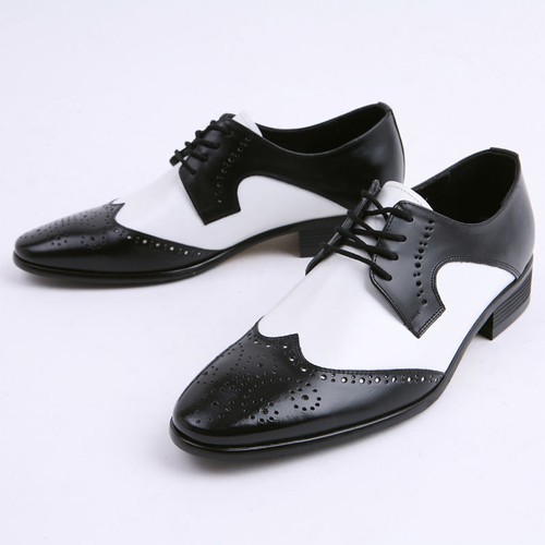 Men's black & white leather wing tips brogue open lacing oxfords - Picture 4 of 12