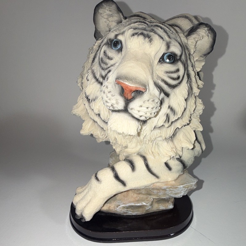 Hand Painted White Tiger Head Bust Resin Figurine, Matte, Rock Base Stand