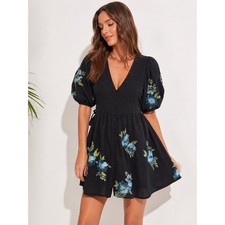 ASOS DESIGN Black Embroidered Floral Puff Sleeve Cotton Mini Dress S 4