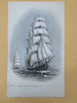 Vintage Print 'Three ships come Sailing' 6x3.5 inch
