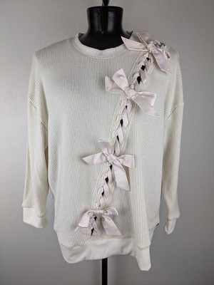Adore Me size 3X cream metallic Janine sweater pink satin bow detail