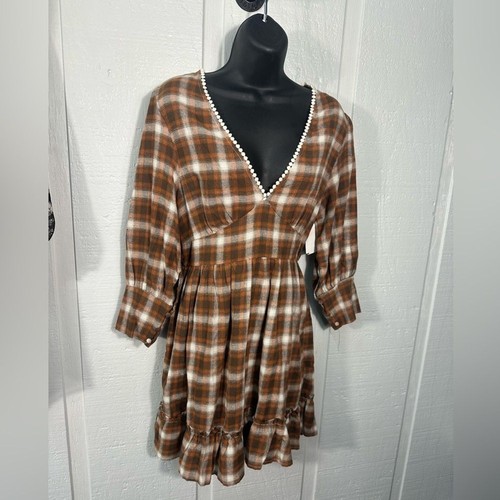 Coco + Jaimeson Plaid V-Neck 3/4 Sleeve Ruffle Hem Dress Size Large NWOT - Picture 2 of 9