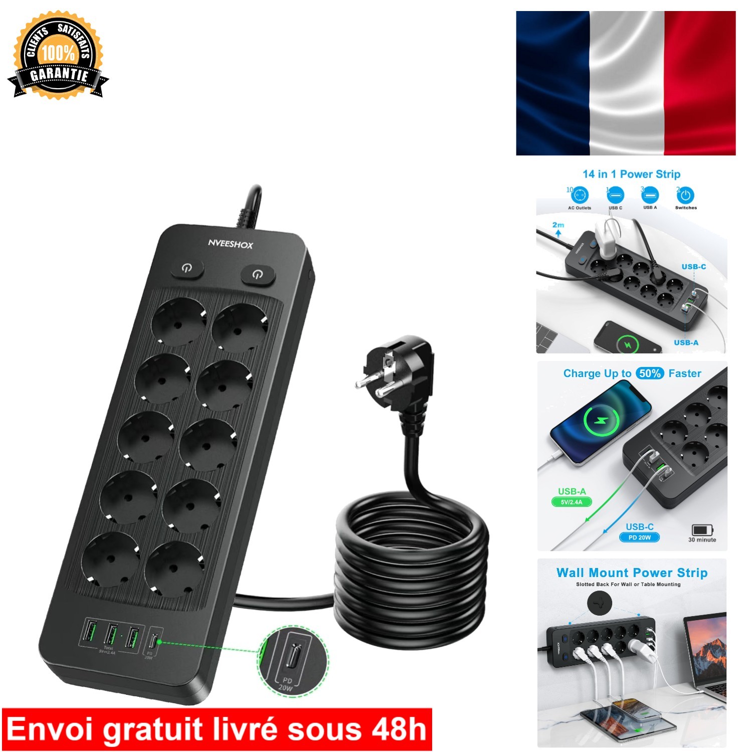Multiprise electrique parafoudre NVEESHOX 4000W pour proteger vos PC et USB
