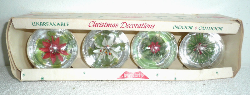 4 VTG DECOR JEWELBRITE UNBREAKABLE PLASTIC CHRISTMAS ORNAMENTS IN ORIGINAL BOX