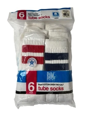 NOS VTG Tube Socks 70's Boys Large Over Calf Striped 6 Pairs B.O.G. Bradlees Gym - Photo 1/4
