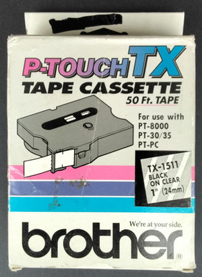 Brother P-Touch TX Tape Cassette Cartridge TX-1511 Black On Clear, 1'' (24mm) 50'