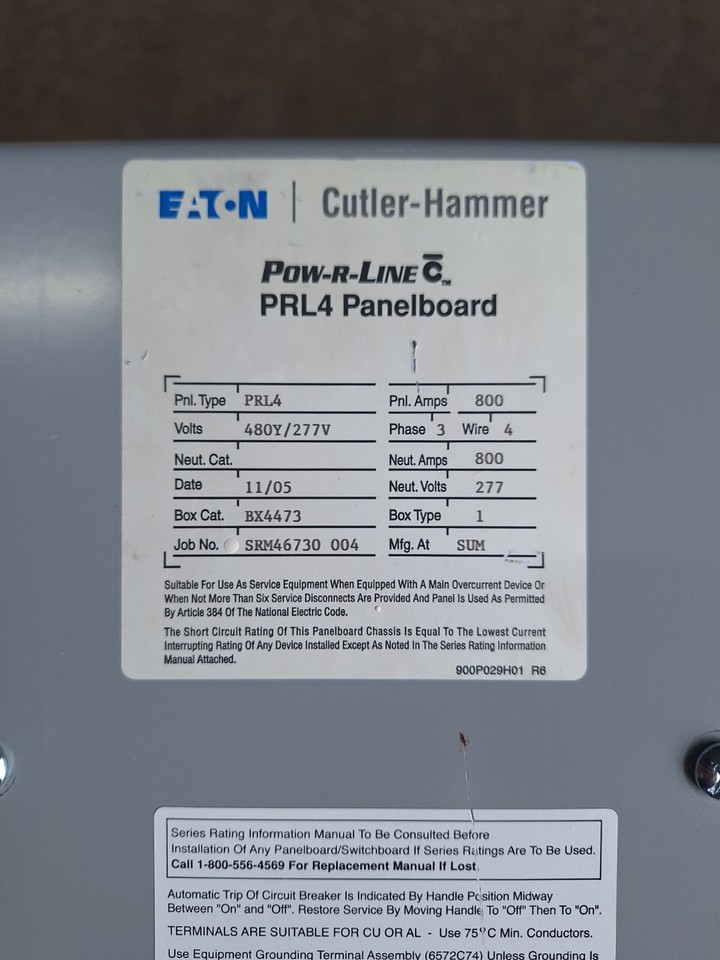 EATON 800A PRL4 PANELBOARD ENCLOSURE 480Y/277V 6BREAKERS "FREE