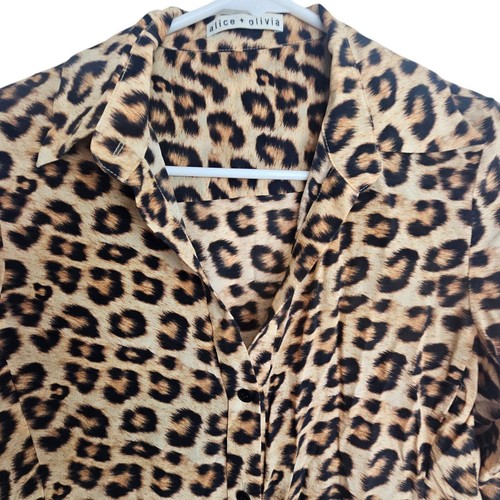 Alice + Olivia Blouse Silk Blouse Women Brown Leopard Print Top Button Up Blouse - Picture 2 of 9