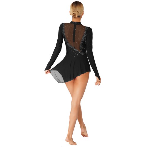 Women Shiny Rhinestone Ice Figure Skating Dress Long Sleeves Ballet Dance Dress - Picture 69 of 94
