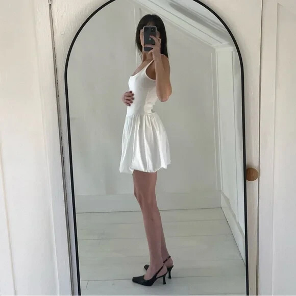 MNG Mango Cotton Bubble Skirt Mini Dress in Natural White