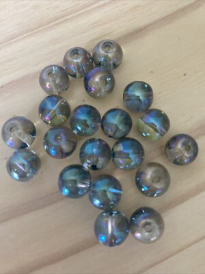 20  TEAL BLUE RAINBOW PLATED ROUND 10mm Lampwork glass beads -  DIY jewelry