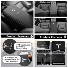 Tesla Armrest Seat Box Cover Protector, Waterproof Leather (White/Red/Black)
